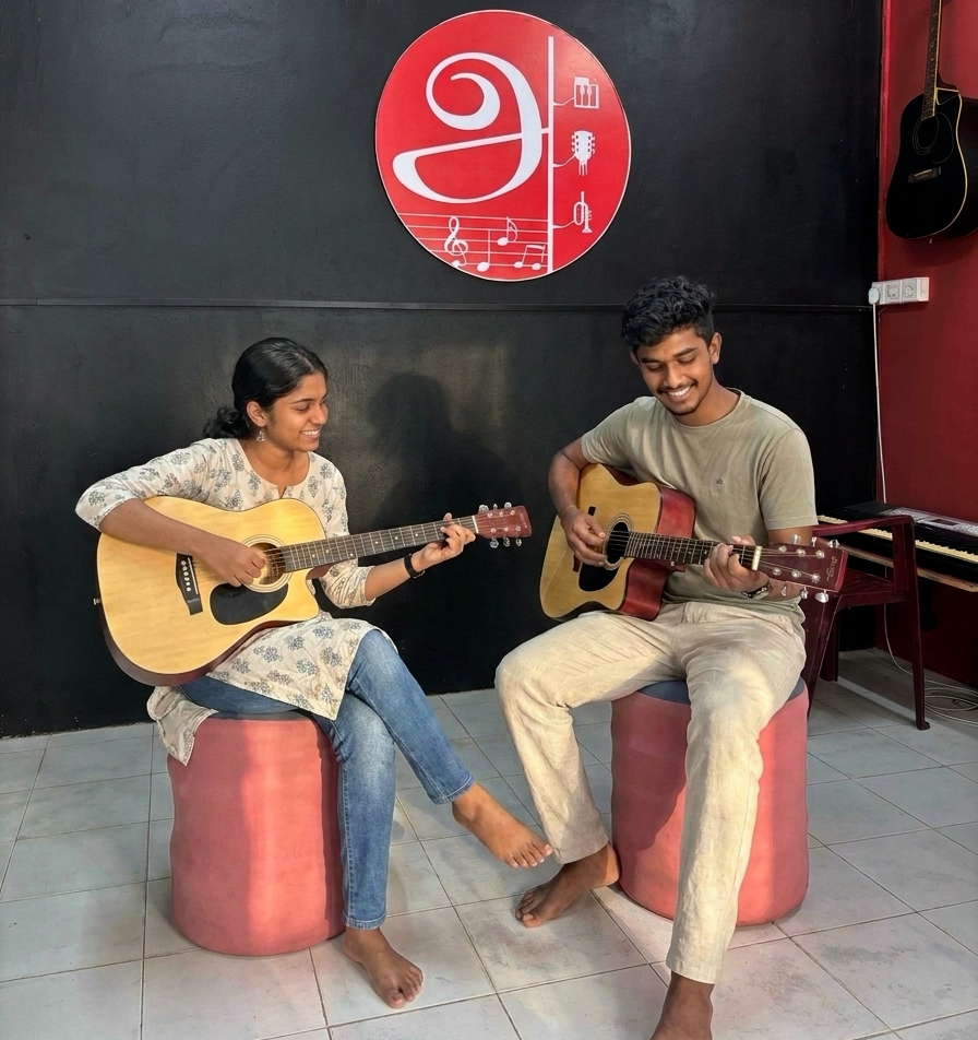 Student learning acoustic guitar